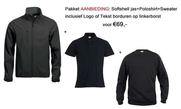 Pakket aanbieding Clique Basic Softshell Jas +Polo+Sweater inclusief borduren